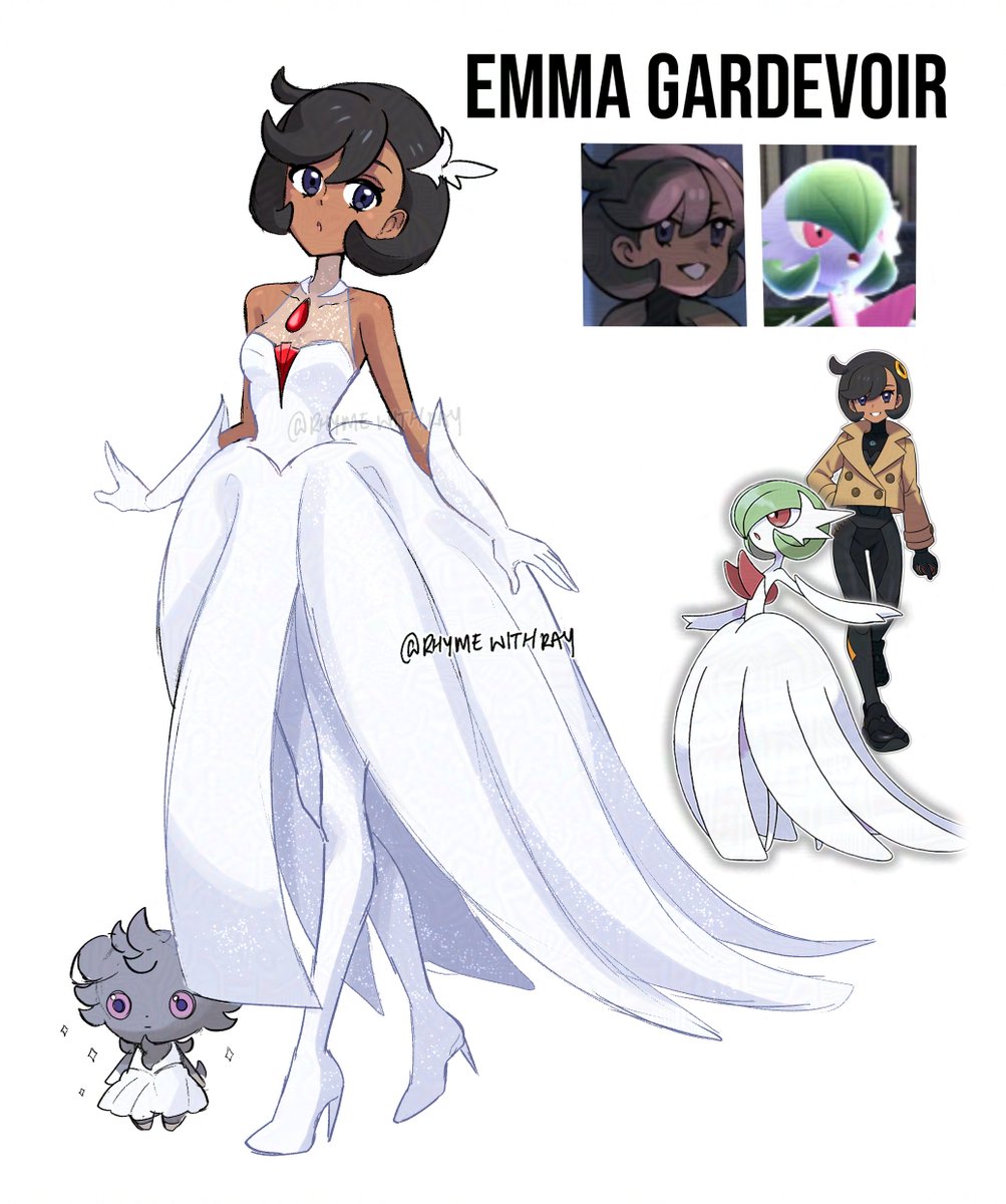 1girl, artist_name, black_hair, character_name, cosplay, dress, emma_(pokemon), espurr, gardevoir, gloves, grey_fur, high_heels, highres, mega_gardevoir, mega_gardevoir_(cosplay), official_art_inset, pokemon, pokemon_(creature), pokemon_legends:_z-a, rhymewithray, screenshot_inset, simple_background, sketch, violet_eyes, white_background, white_dress, white_gloves