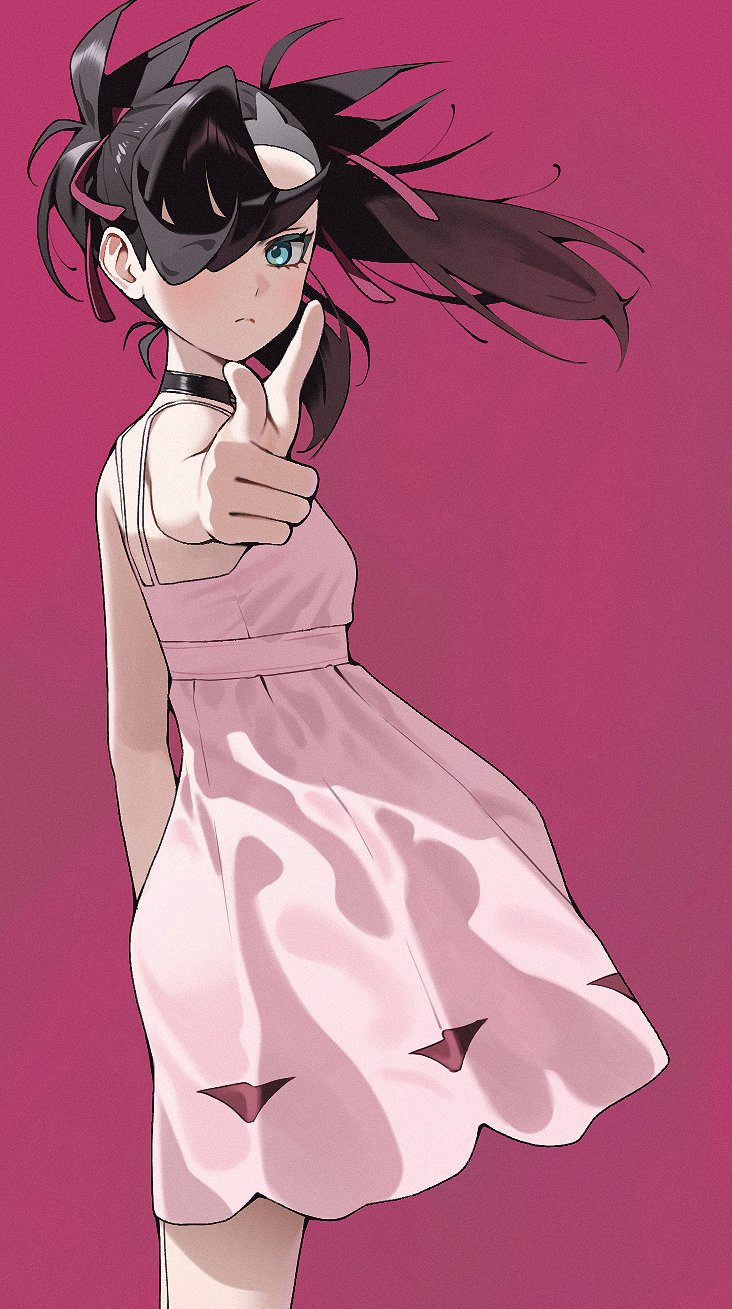 1girl, 987645321o, asymmetrical_bangs, black_choker, black_hair, choker, closed_mouth, dress