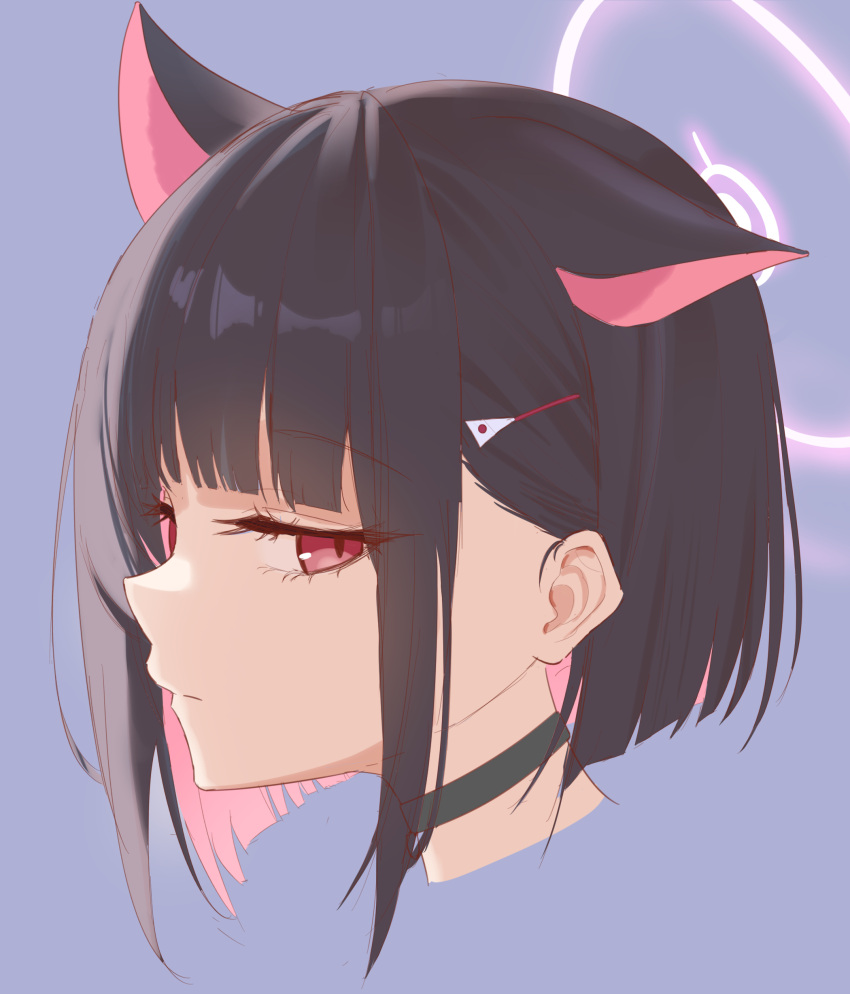 1girl, absurdres, animal_ears, black_choker, black_hair, blue_archive, cat_ears, choker, closed_mouth, colored_inner_hair, commentary_request, cropped_head, extra_ears, hair_ornament, hairclip, halo, highres, kazusa_(blue_archive), looking_at_viewer, mokomoko_system, multicolored_hair, pink_hair, purple_background, red_eyes, short_hair, sidelocks, simple_background, slit_pupils, solo