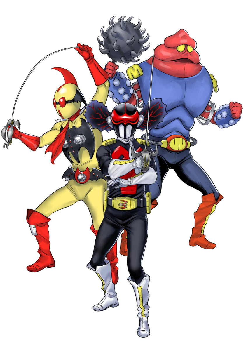3boys, armor, black_bodysuit, blue_armor, bodysuit, character_request, copyright_request, full_body