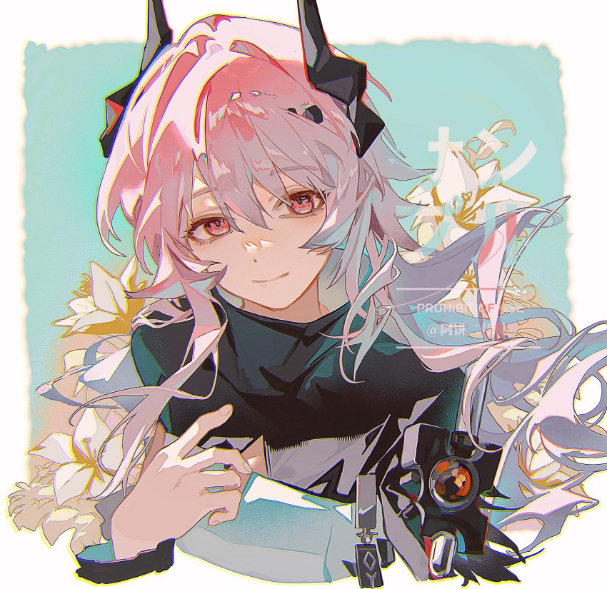 1girl, arknights, black_horns, blue_background, border, chinese_commentary, chromatic_aberration, closed_mouth