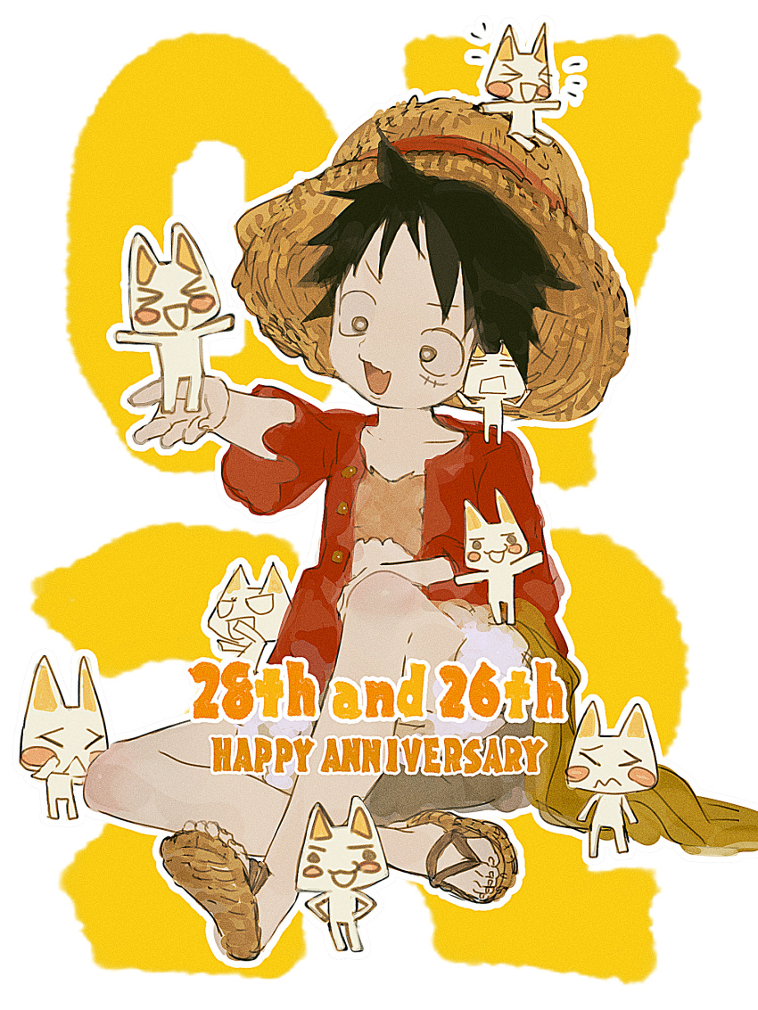>_<, 1boy, anniversary, black_hair, cat, collarbone, doko_demo_issho, fang