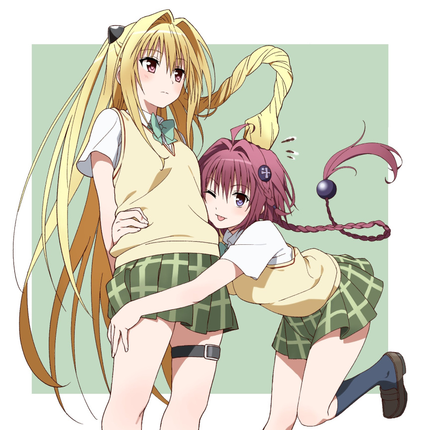 2girls, ;p, ahoge, arm_behind_back, asdf_4532, belt, black_belt, blonde_hair