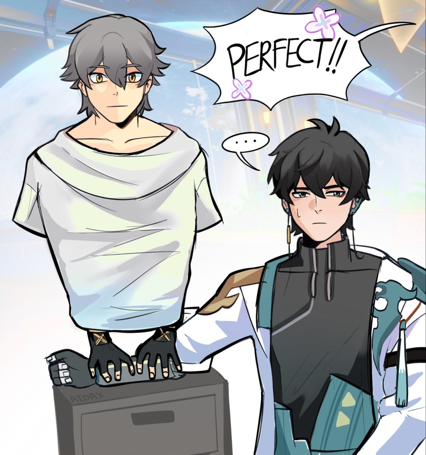 ..., 2boys, adxrnofficial, antenna_hair, artist_name, astral_express_(honkai:_star_rail), black_gloves, black_hair, black_shirt, blue_eyes, caelus_(honkai:_star_rail), chest_of_drawers, chinese_clothes, clenched_hand, closed_mouth, coat, collarbone, covered_collarbone, dan_heng_(honkai:_star_rail), dan_heng_(hunt)_(honkai:_star_rail), earclip, earrings, english_text, eyeliner, fingerless_gloves, fingernails, flower, gloves, grey_hair, hair_between_eyes, hand_up, highres, honkai:_star_rail, honkai_(series), indoors, jewelry, long_sleeves, looking_at_viewer, makeup, male_focus, multiple_boys, open_clothes, open_coat, orange_eyes, planet, red_eyeliner, shirt, short_hair, short_sleeves, single_earring, speech_bubble, spoken_ellipsis, sweatdrop, t-shirt, tassel, trailblazer_(honkai:_star_rail), upper_body, white_coat, white_flower, white_shirt, window