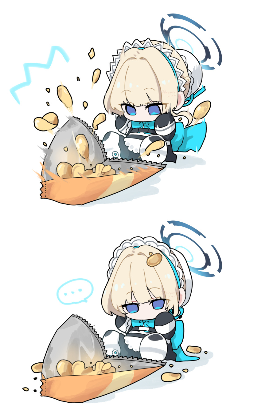 ..., 1girl, absurdres, apron, bag_of_chips, black_dress, black_gloves, blonde_hair