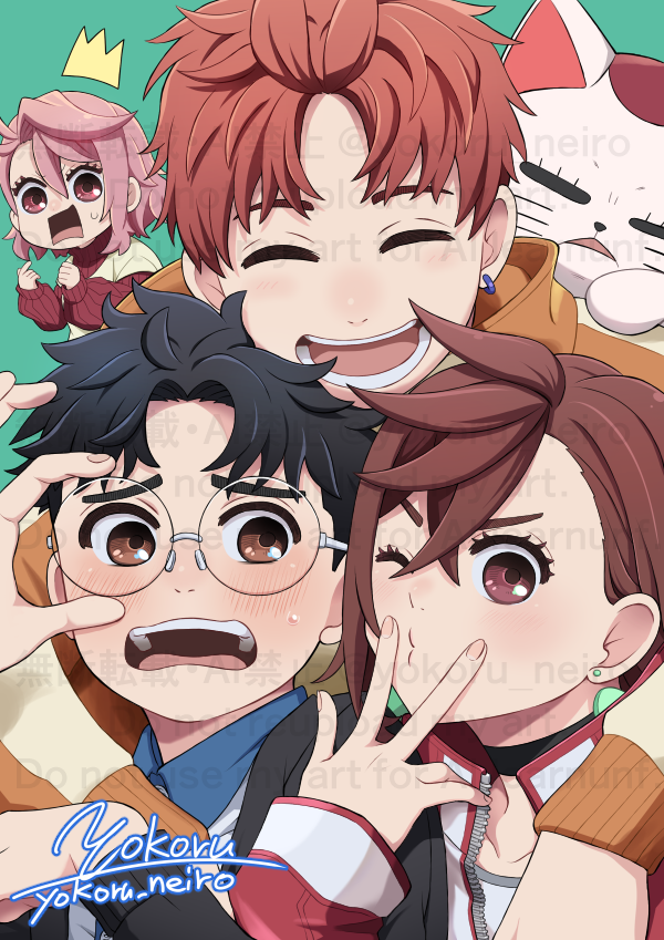 2boys, 2girls, adjusting_eyewear, arm_around_shoulder, artist_name, ayase_momo, black_choker, black_hair