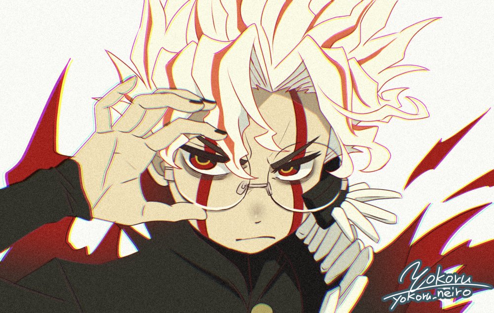 1boy, adjusting_eyewear, artist_name, black_jacket, black_nails, closed_mouth, dandadan, facial_mark