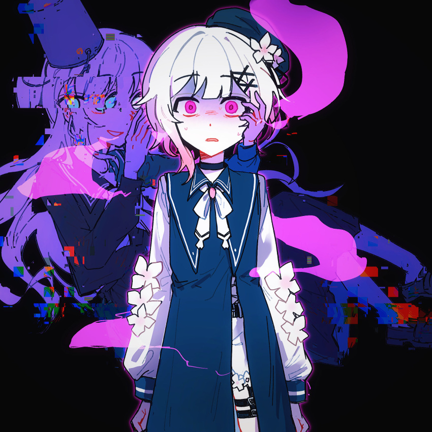 2girls, arms_at_sides, behind_another, beret, black_background, black_hat, black_serafuku, black_shirt, black_skirt, bucket, bucket_on_head, cherry_blossoms, commentary_request, constricted_pupils, floating, flower, ghost, glitch, gradient_hair, hair_ornament, hat, hat_flower, highres, kurosukyu, long_hair, long_sleeves, looking_at_viewer, magical_girl, mahou_shoujo_no_majo_saiban, multicolored_hair, multiple_girls, nervous_sweating, object_on_head, open_mouth, pink_eyes, pink_hair, pleated_skirt, sakuraba_ema, school_uniform, serafuku, shirt, short_hair, skirt, smile, spoilers, standing, sweat, tsukishiro_yuki, white_hair, x_hair_ornament