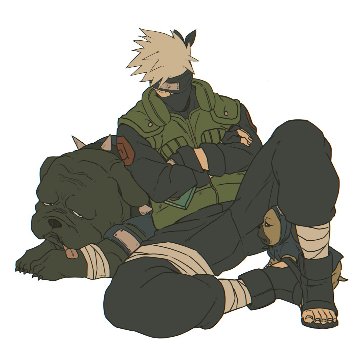 1boy, bandaged_leg, bandages, black_gloves, black_headband, black_mask, black_pants, black_shirt
