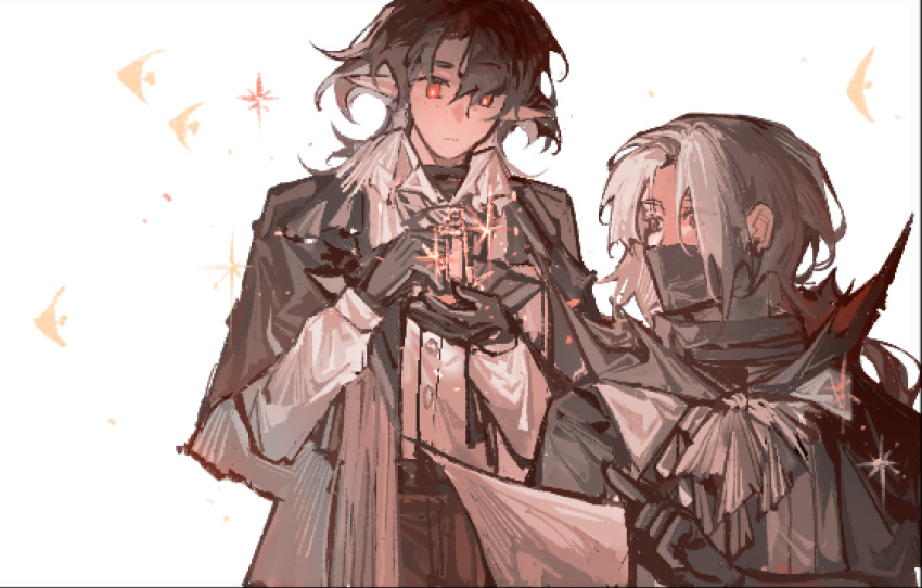 2boys, arknights, black_gloves, black_hair, black_jacket, bright_pupils, brown_eyes, chinese_commentary