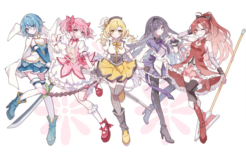 5girls, akemi_homura, akemi_homura_(magical_girl), argyle_clothes, argyle_pantyhose, beret, black_hair, black_hairband