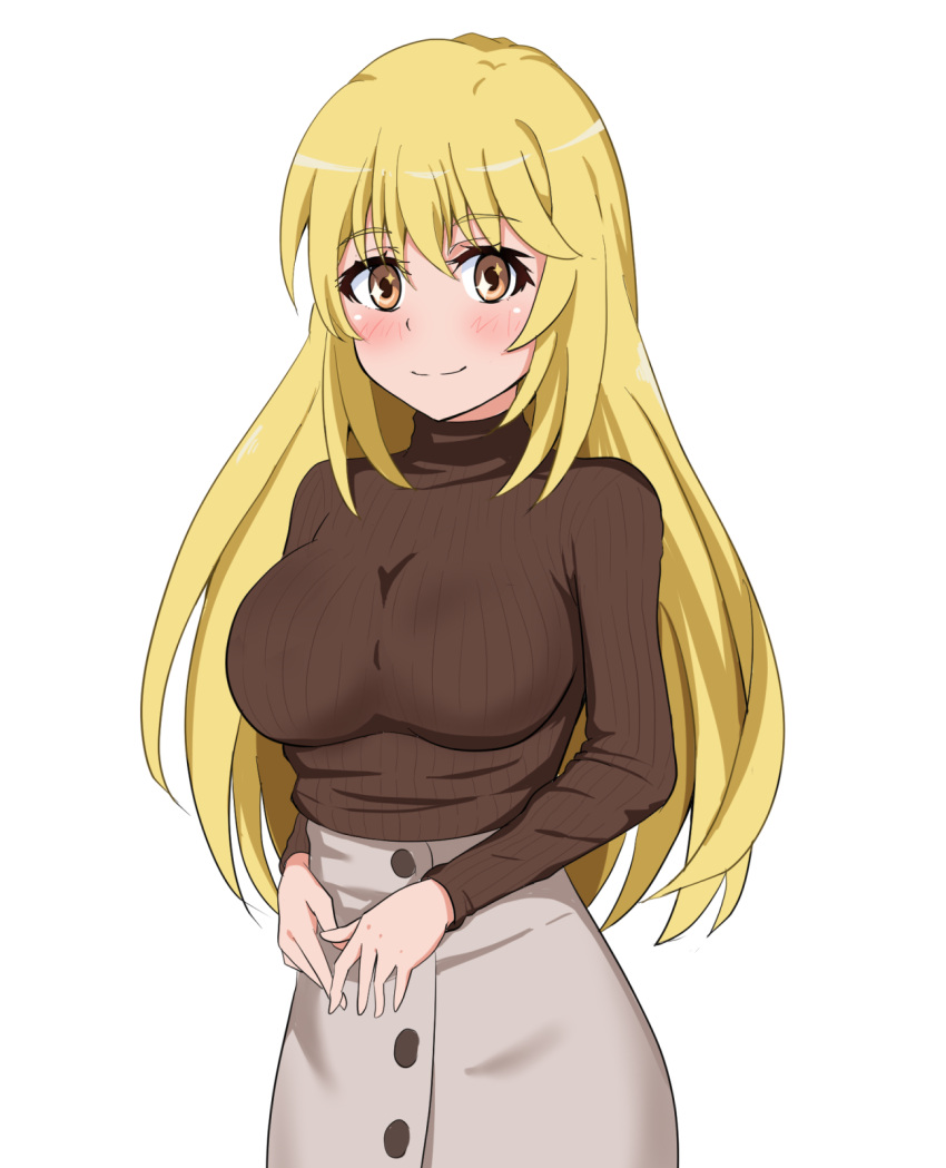 1girl, alternate_costume, blonde_hair, breasts, brown_sweater, casual, closed_mouth, commentary_request