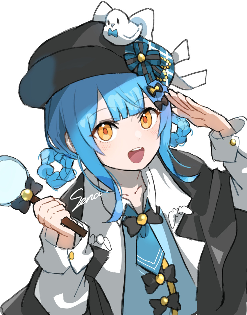 1girl, :d, absurdres, aimermermer, black_capelet, black_hat, blue_hair, blue_necktie