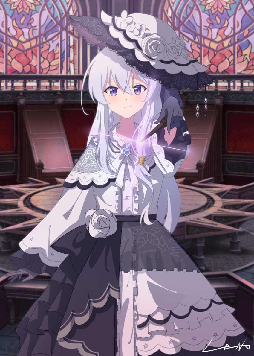1girl, absurdres, black_gloves, blue_eyes, brooch, capelet, center_frills, chinese_commentary