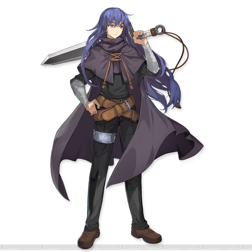 1boy, arm_wrap, artist_request, belt, belt_buckle, black_cloak, black_hair, black_pants, black_shirt, black_sleeves, boris_jinneman, brown_belt, brown_shoes, buckle, cloak, closed_mouth, company_name, cross-laced_cloak, cross-laced_clothes, crossed_belts, dengeki, dengeki_online, dress_pants, english_text, expressionless, full_body, grey_eyes, hair_between_eyes, highres, holding, holding_behind_back, holding_sword, holding_sword_behind_back, holding_weapon, holding_weapon_behind_back, impasto, legs_apart, long_hair, long_sidelocks, male_focus, multiple_belts, nexon, o-ring, official_art, pants, second-party_source, shirt, shoes, sidelocks, simple_background, solo, standing, straight_hair, sword, sword_tassel, tales_weaver, tassel, thigh_strap, three-quarter_sleeves, turtleneck, turtleneck_cloak, watermark, weapon, white_background
