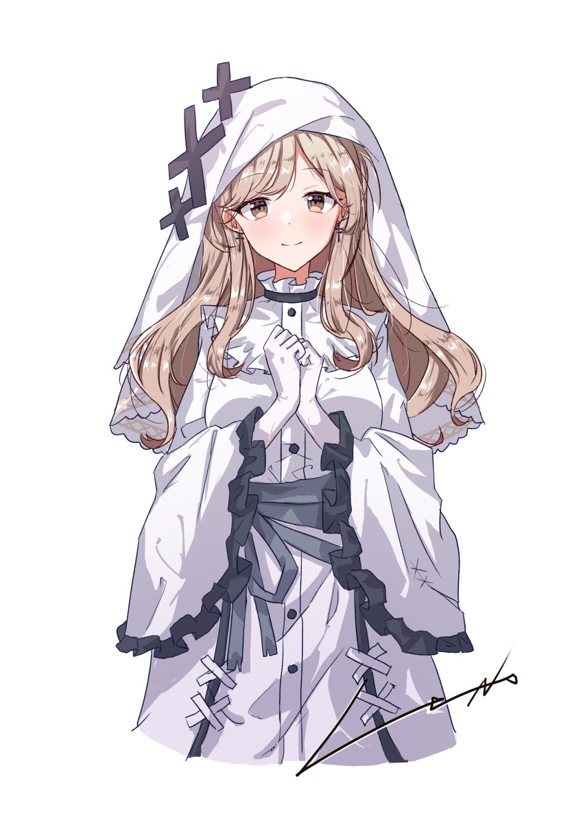 1girl, absurdres, breasts, brown_eyes, brown_hair, chinese_commentary, closed_mouth, commentary_request, cosplay, cowboy_shot, cropped_legs, dress, frilled_dress, frilled_sleeves, frills, gloves, hands_up, highres, hikami_meruru, hikami_meruru_(cosplay), leo-zero, long_hair, long_sleeves, looking_at_viewer, mahou_shoujo_no_majo_saiban, medium_breasts, own_hands_together, priestess, sena_ajisai, signature, simple_background, smile, solo, standing, veil, watashi_ga_koibito_ni_nareru_wake_naijan_murimuri!, white_background, white_dress, white_gloves, white_veil, wide_sleeves