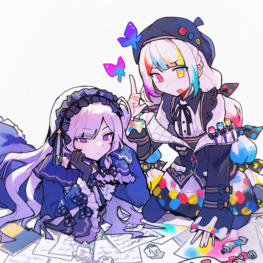 2girls, artist_painter, beret, black_gloves, black_jacket, black_ribbon, black_skirt, blue_dress, bow, bug, butterfly, closed_mouth, collared_shirt, drawing_(object), dress, frilled_dress, frills, gloves, gothic_lolita, hair_over_one_eye, hairband, hat, heterochromia, highres, index_finger_raised, jacket, jogasaki_noah, kurosukyu, lolita_fashion, lolita_hairband, long_hair, long_sleeves, lying, magical_girl, mahou_shoujo_no_majo_saiban, multi-tied_hair, multicolored_hair, multiple_girls, natsume_an-an, neck_ribbon, on_stomach, open_mouth, paint_tube, paper, polka_dot, polka_dot_bow, ribbon, shirt, sitting, skirt, sleeves_past_fingers, sleeves_past_wrists, smile, streaked_hair, violet_eyes, white_hair, white_shirt, yellow_eyes