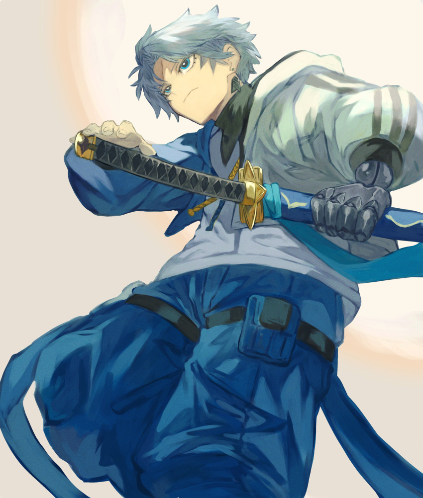 1boy, absurdres, blue_eyes, blue_jacket, blue_pants, earrings, fate/grand_order, fate_(series)