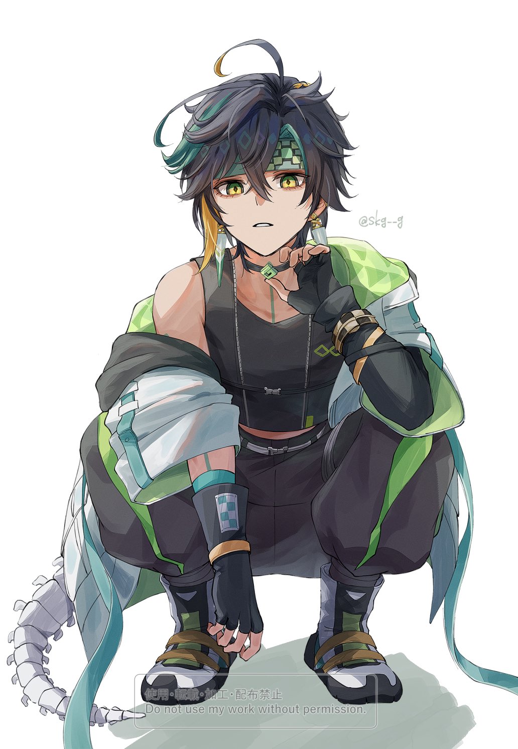 1boy, black_choker, black_gloves, black_hair, black_pants, black_shirt, black_shoes, black_tank_top