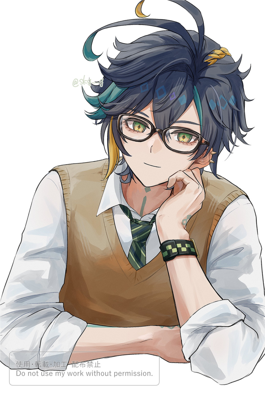 1boy, absurdres, black_hair, blonde_hair, brown_vest, closed_mouth, earrings, genshin_impact