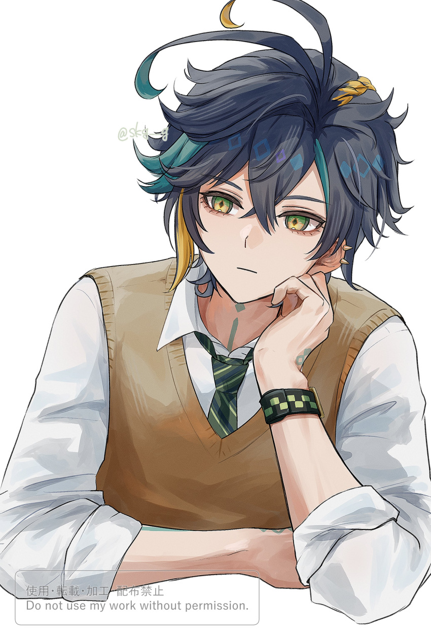 1boy, absurdres, black_hair, blonde_hair, brown_vest, closed_mouth, earrings, genshin_impact
