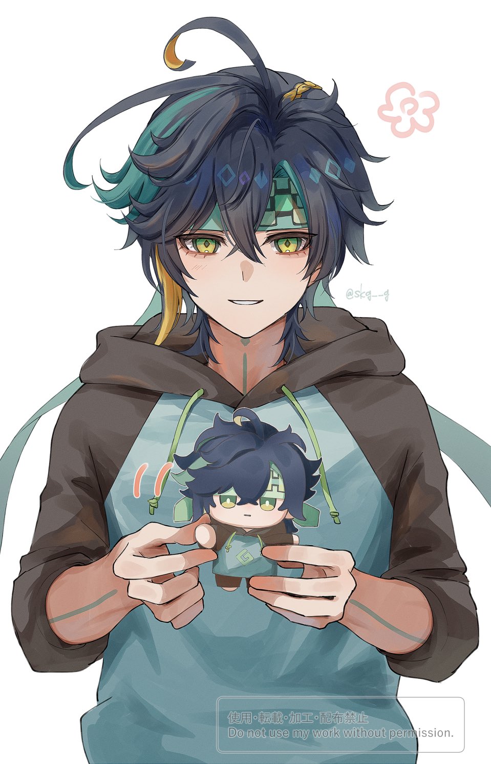 1boy, black_hair, black_hoodie, blonde_hair, character_doll, doll, genshin_impact, green_eyes