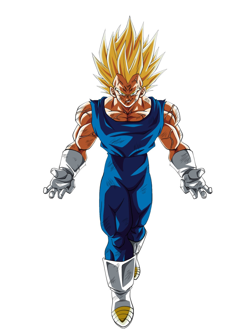 1boy, battle_damage, blonde_hair, blue_bodysuit, bodysuit, boots, dragon_ball, dragon_ball_z, full_body, gloves, highres, kasuteraboy25, majin_vegeta, medium_hair, muscular, muscular_male, simple_background, smirk, solo, spiky_hair, super_saiyan_2, vegeta, veins, white_background, white_boots, white_gloves