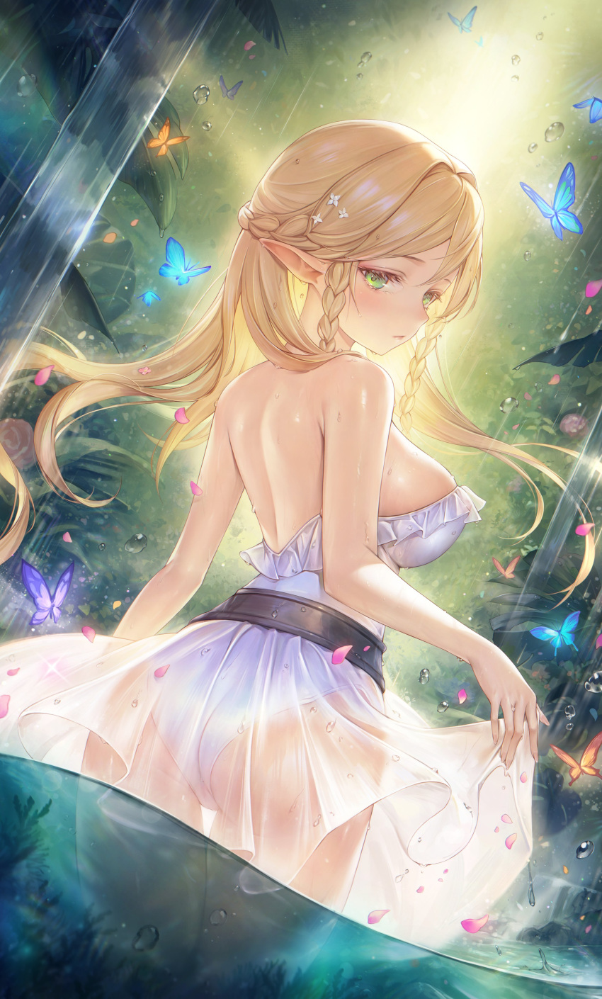 1girl, absurdres, bare_shoulders, blonde_hair, blush, braid, breasts, bug