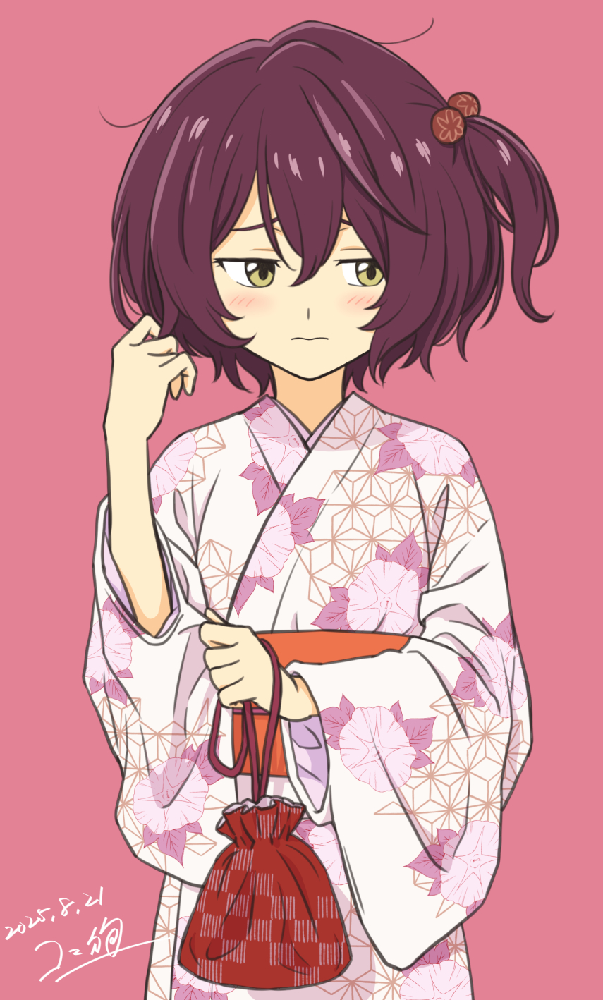 1girl, blush, dated, facing_viewer, hair_bobbles, hair_ornament, hand_up, highres