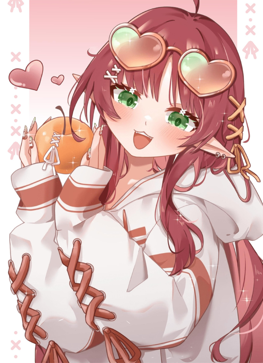 1girl, 8_nana_usagi, absurdres, ahoge, arknights, eyewear_on_head, food, fruit