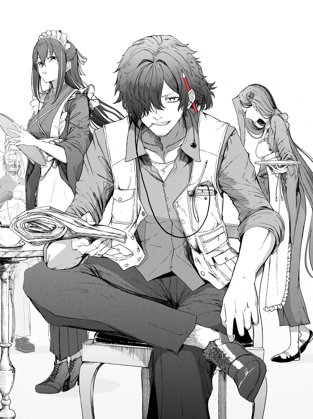 2boys, 2girls, apron, bare_pectorals, collared_shirt, comb_over, earphones, facial_hair