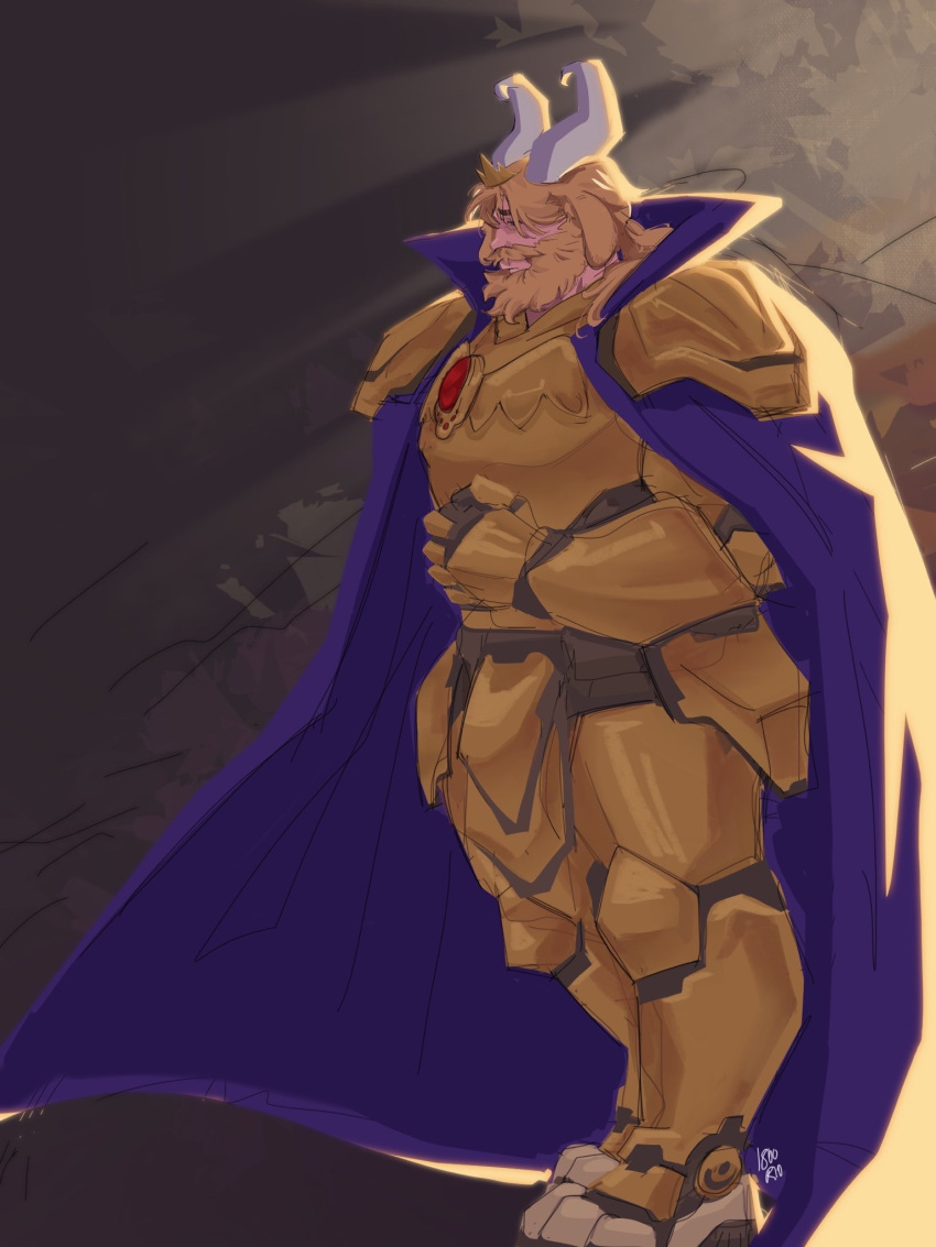 1800rio, 1boy, armor, asgore_dreemurr, asgore_dreemurr_(cosplay), beard, blonde_hair, cape