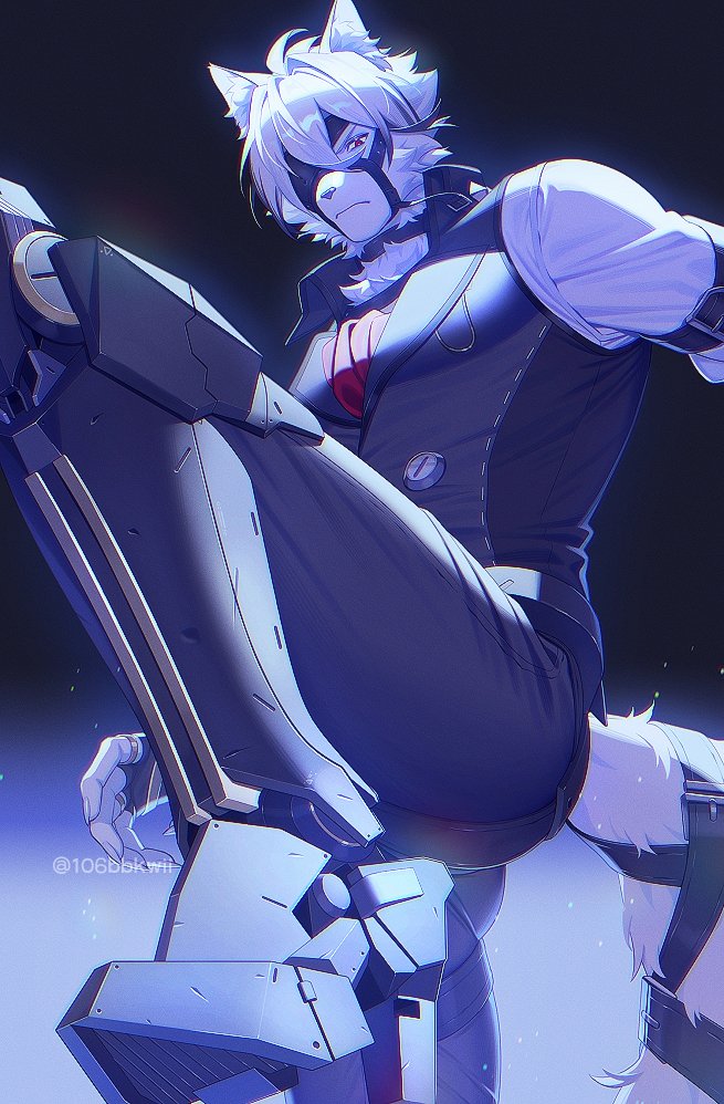 106bbkwii, 1boy, animal_ear_fluff, animal_ears, bicep_strap, black_gloves, body_fur, closed_mouth