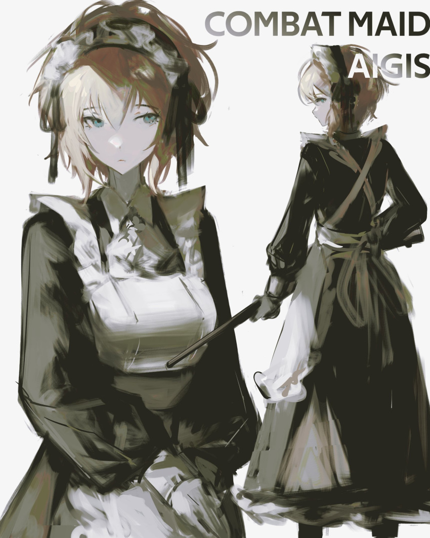 1girl, aigis_(persona), alternate_costume, apron, black_dress, black_hairband, blonde_hair, blue_eyes
