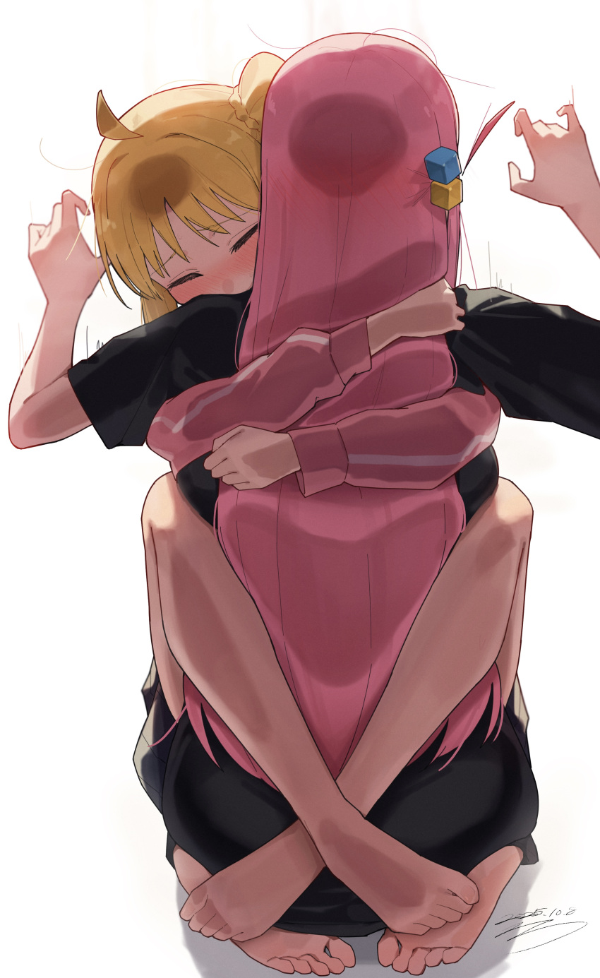 2girls, absurdres, ahoge, barefoot, blonde_hair, blush, bocchi_the_rock!, commentary_request