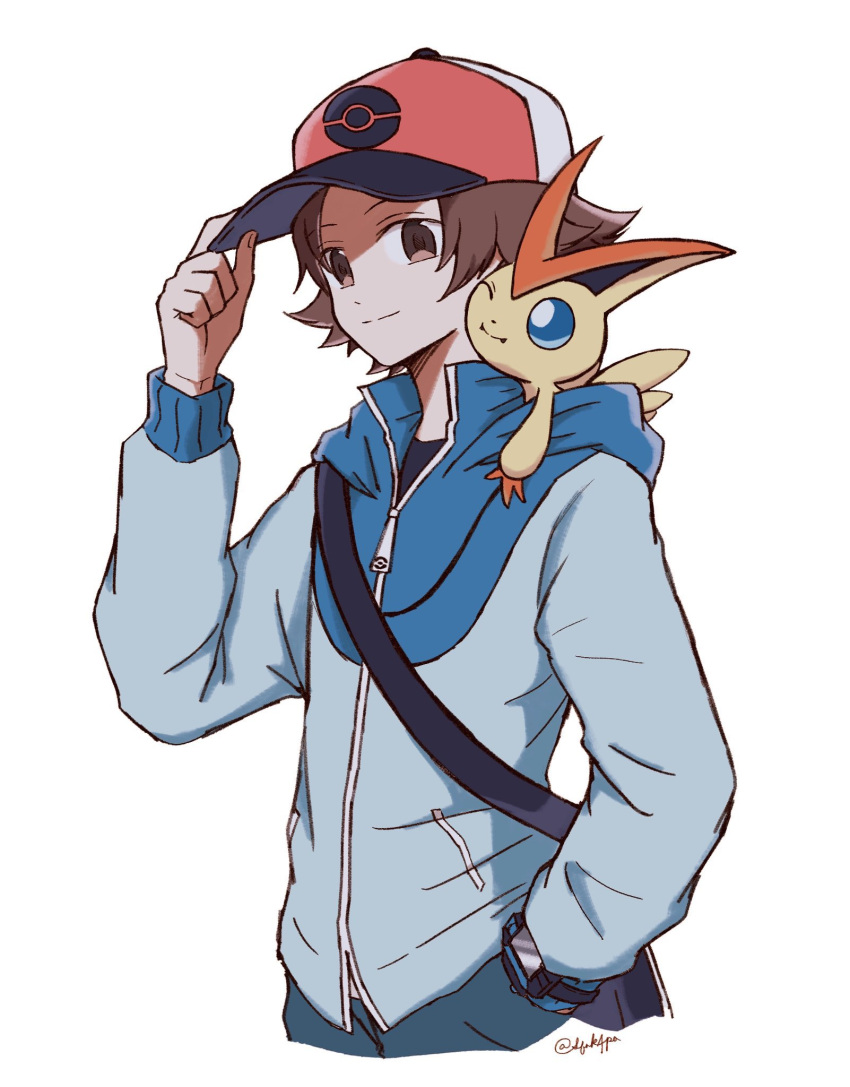 1boy, bag, baseball_cap, blue_eyes, blue_jacket, brown_eyes, brown_hair, closed_mouth, hat, highres, hilbert_(pokemon), jacket, long_sleeves, on_shoulder, one_eye_closed, pants, poke_ball_print, pokemon, pokemon_(creature), pokemon_bw, pokemon_on_shoulder, shippo_(sbnk4po), shirt, short_hair, shoulder_bag, simple_background, smile, upper_body, victini, white_background, zipper_pull_tab