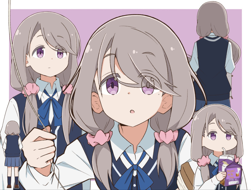 1girl, blue_ribbon, blue_skirt, blue_sweater_vest, border, collared_shirt, drinking_straw, drinking_straw_in_mouth, expressionless, eyes_visible_through_hair, grey_hair, hair_ornament, hair_over_one_eye, hair_over_shoulder, hair_scrunchie, hand_up, highres, holding, holding_milk_carton, holding_string, kazuemon, long_hair, long_sleeves, low_twintails, milk_carton, mono_(afro), multiple_views, neck_ribbon, outside_border, parted_lips, pink_scrunchie, pleated_skirt, purple_background, ribbon, school_uniform, scrunchie, shikishima_sakurako, shirt, short_twintails, skirt, string, sweater_vest, swept_bangs, twintails, violet_eyes, white_border, white_shirt