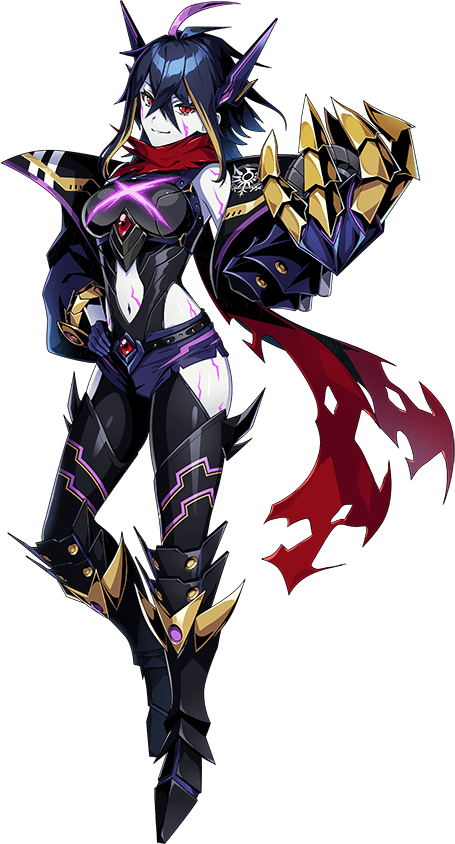 1girl, ahoge, armored_boots, artist_request, bare_shoulders, black_bodysuit, black_hair, black_jacket, blonde_hair, blue_gloves, blue_shorts, bodysuit, boots, closed_mouth, clothing_cutout, colored_skin, deadzone_(duel_masters), duel_masters, duel_masters_play's, facial_tattoo, gauntlets, gloves, hair_between_eyes, horns, jacket, leg_tattoo, medium_hair, multiple_girls, multiple_horns, navel, navel_cutout, official_art, open_clothes, open_jacket, purple_hair, red_eyes, red_scarf, scarf, short_shorts, shorts, shoulder_tattoo, single_gauntlet, sleeveless, sleeveless_bodysuit, slit_pupils, solo, standing, stomach_tattoo, tattoo, torn_clothes, torn_scarf, transparent_background, white_skin