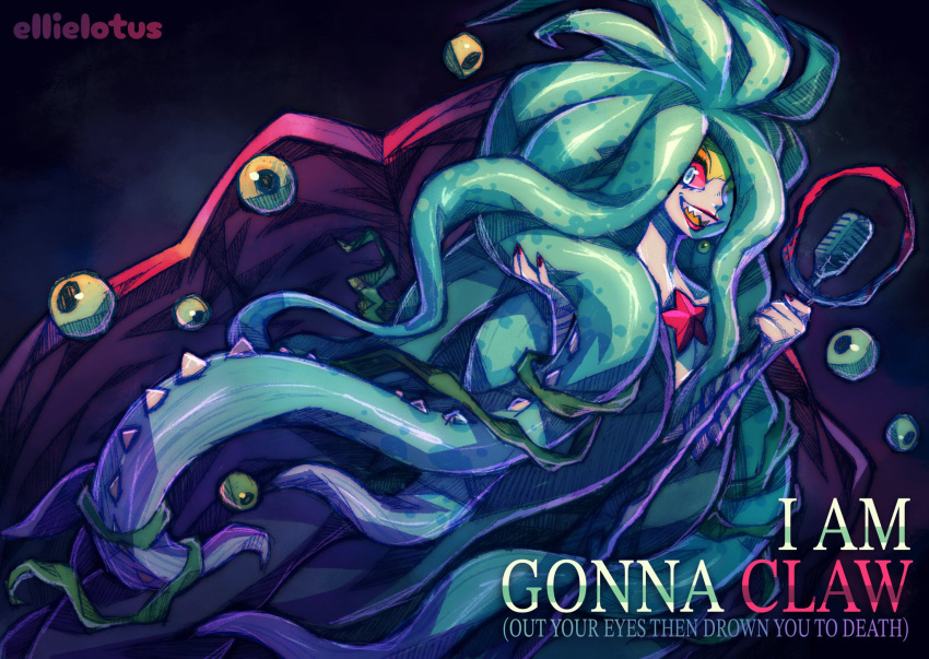 1girl, colored_sclera, ellie_lotus, green_hair, grin, hades_(series), hades_2, highres