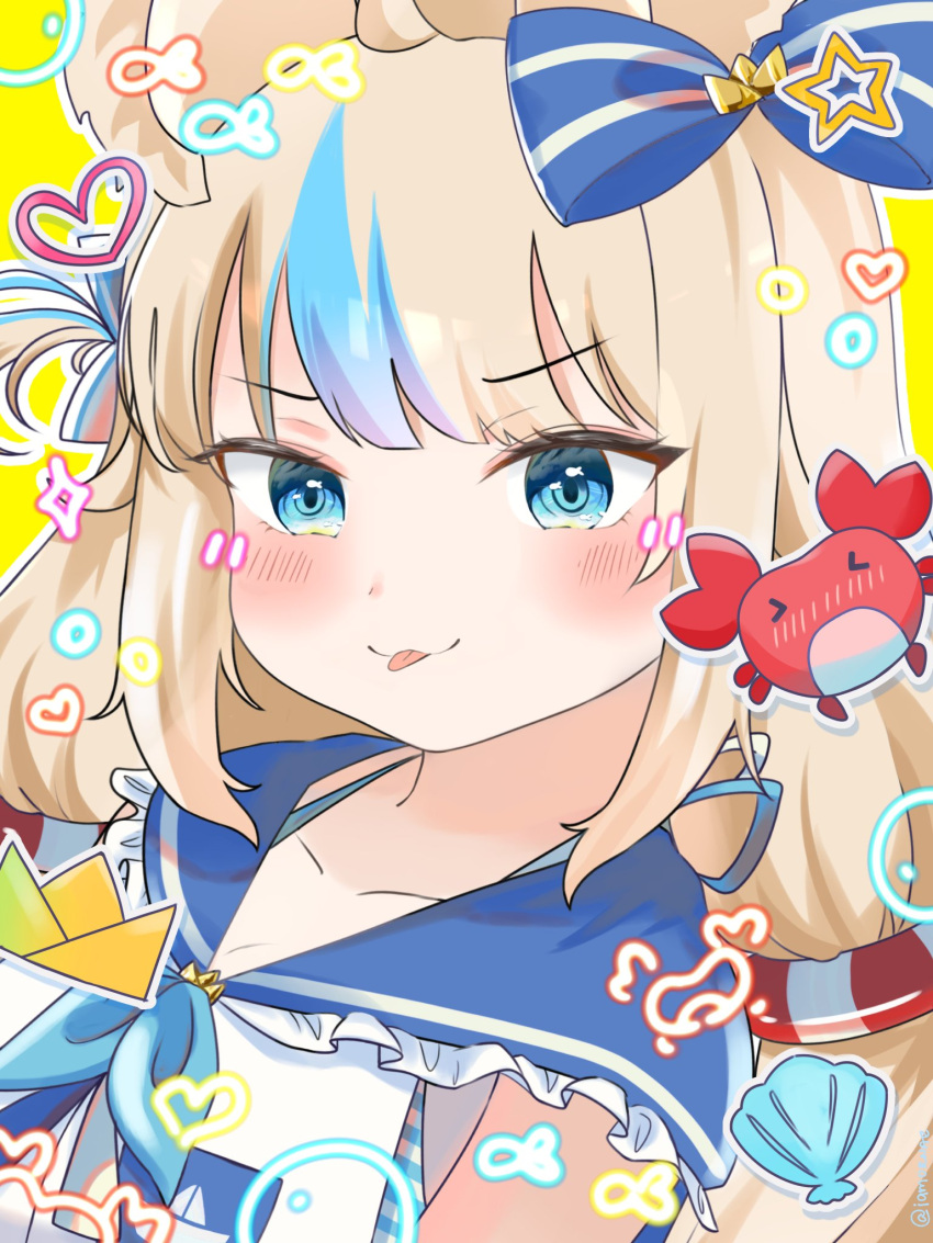 1girl, animal_ears, blonde_hair, blue_eyes, blue_hair, blush, bow, cat_ears