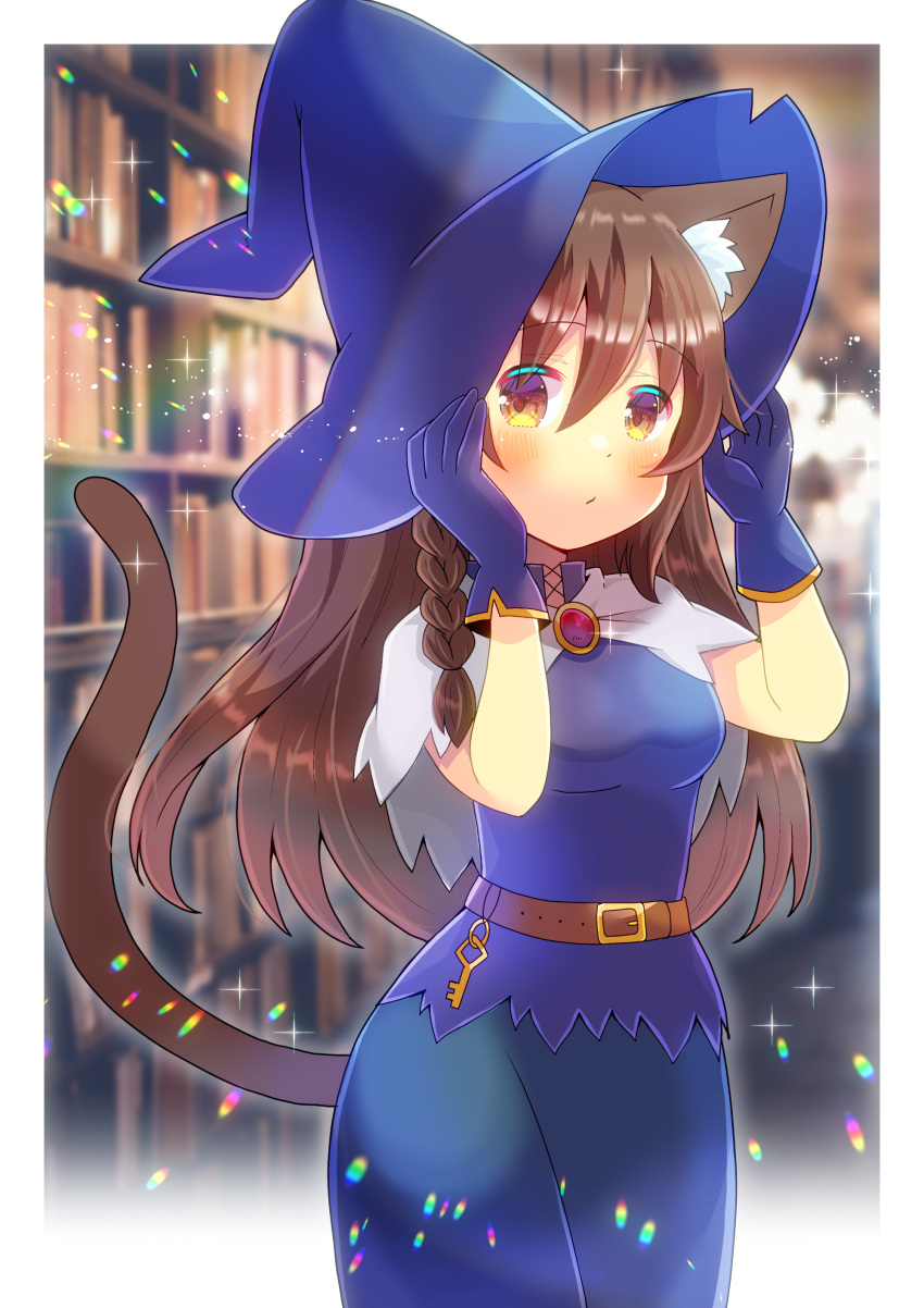 1girl, absurdres, animal_ears, blue_shirt, blue_skirt, breasts, brown_eyes, brown_hair