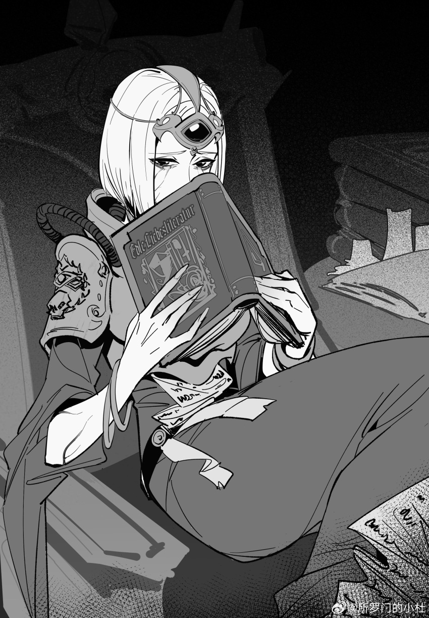 1girl, absurdres, armor, book, book_stack, cassia_orsellio, covered_mouth, covering_own_mouth, facial_mark, feet_out_of_frame, fingernails, greyscale, highres, holding, holding_book, long_fingernails, looking_at_viewer, monochrome, pauldrons, robe, sharp_fingernails, short_hair, shoulder_armor, shy, sitting, slmsxiaodu, solo, third_eye, warhammer_40k, warhammer_40k:_rogue_trader, watermark, weibo_watermark