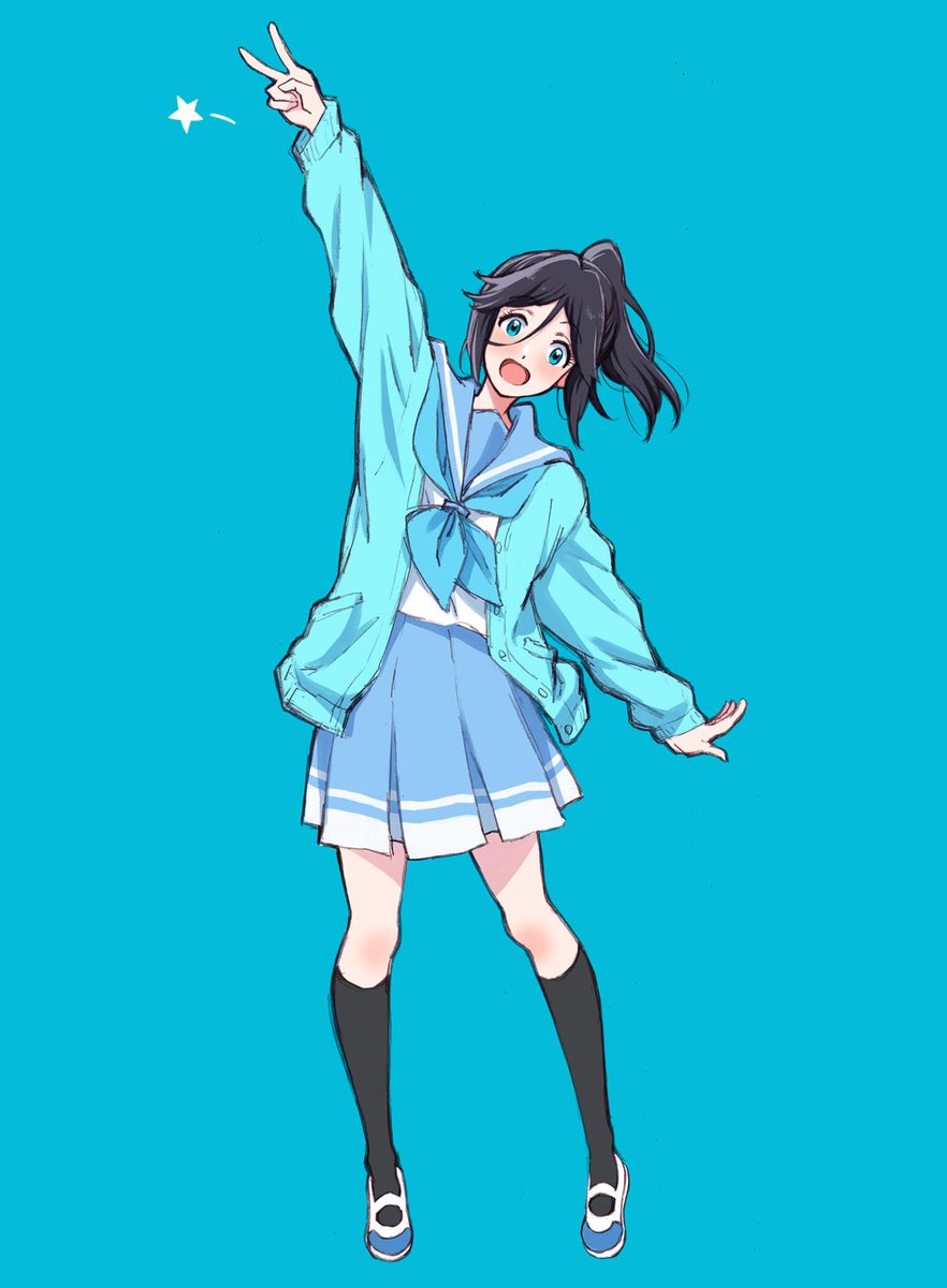 1girl, black_hair, black_socks, blue_background, blue_cardigan, blue_eyes, blue_neckerchief, blue_sailor_collar