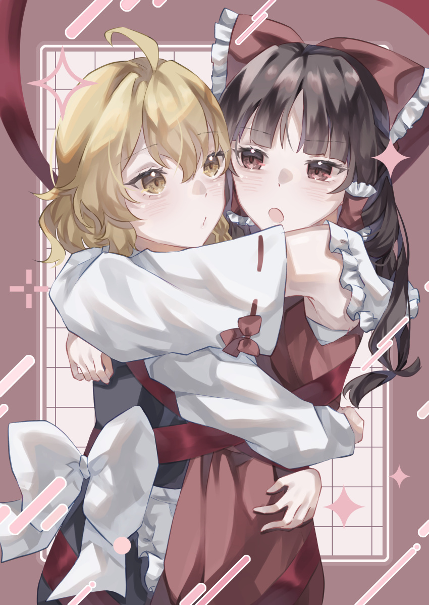 2girls, absurdres, apron, black_skirt, black_vest, blonde_hair, bound_together, bow