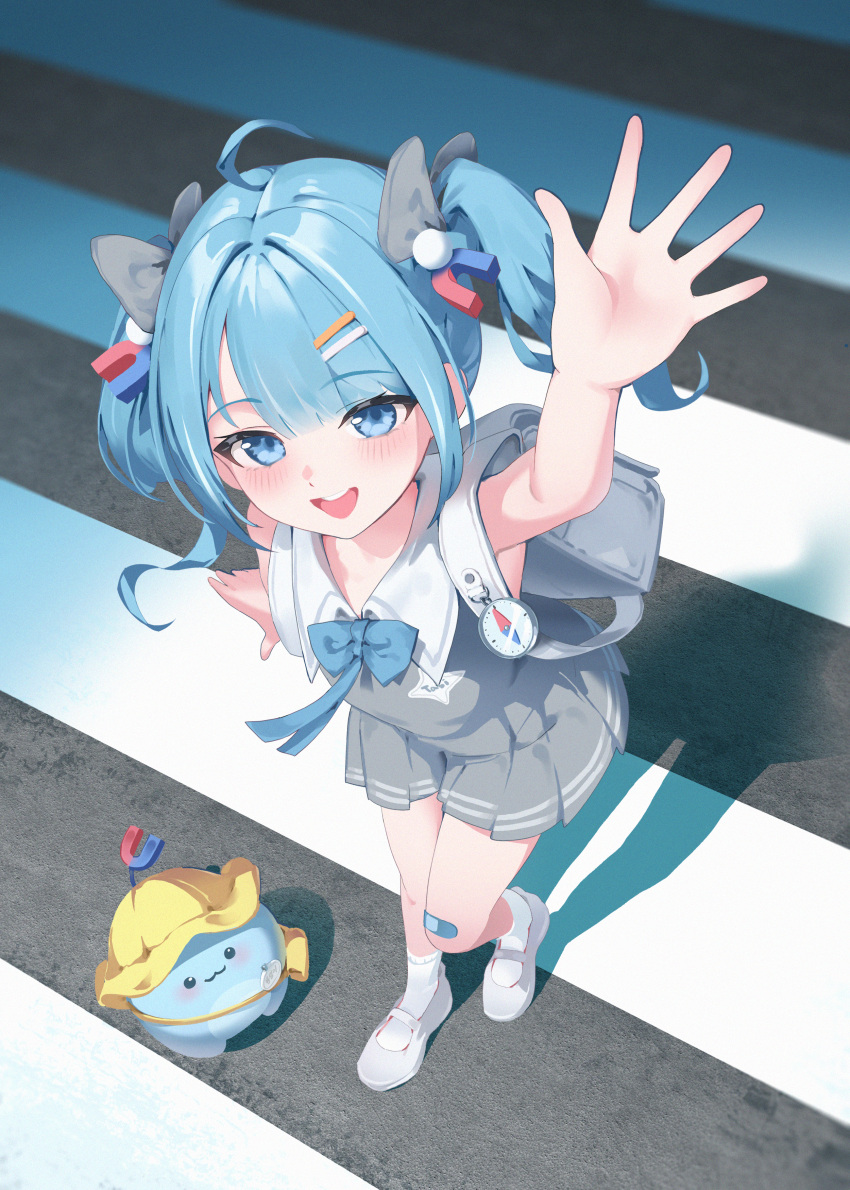 1girl, absurdres, arahashi_tabi, backpack, bag, bandaid, bandaid_on_knee, bandaid_on_leg
