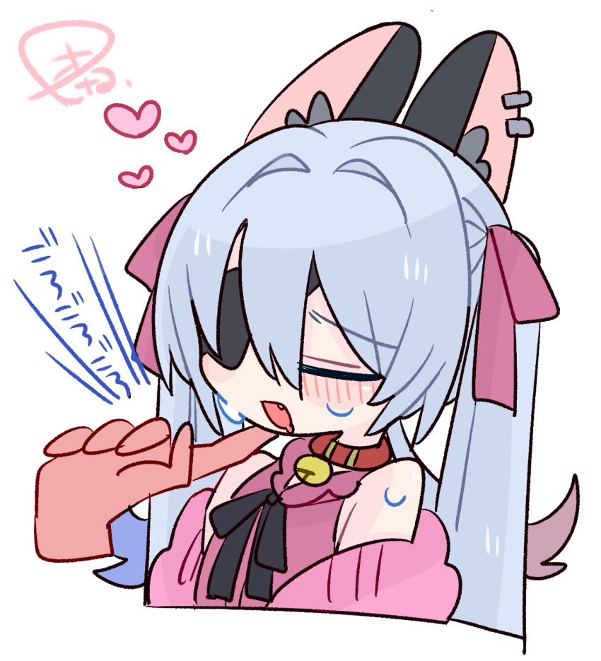 1boy, animal_ear_fluff, animal_ear_piercing, animal_ears, bare_shoulders, bell, black_ribbon, blue_hair