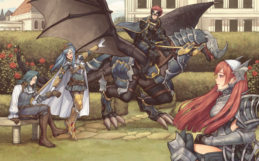 2boys, 2girls, barding, blue_hair, brown_gloves, cherche_(fire_emblem), commission, dragon