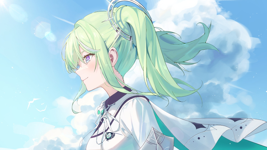 1girl, absurdres, blue_sky, cape, closed_mouth, clouds, commentary, day, from_side, green_hair, highres, looking_ahead, medium_hair, outdoors, shirt, sidelocks, sky, smile, solo, stellive, tsuyu_(yzxx7825), twintails, upper_body, violet_eyes, virtual_youtuber, white_cape, white_shirt, yuzuha_riko