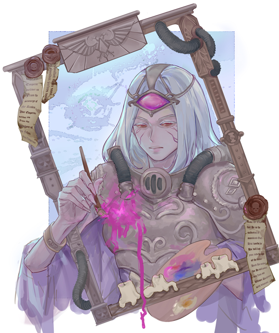 00sage, 1girl, armor, bracelet, breastplate, candle, cassia_orsellio, cropped_torso, facial_mark, fingernails, holding, holding_paint_palette, holding_paintbrush, jewelry, paint_palette, paintbrush, painting_(action), pauldrons, picture_frame, red_eyes, sharp_fingernails, short_hair, shoulder_armor, solo, third_eye, upper_body, veiny_face, warhammer_40k, warhammer_40k:_rogue_trader, wax_seal, white_background, white_hair