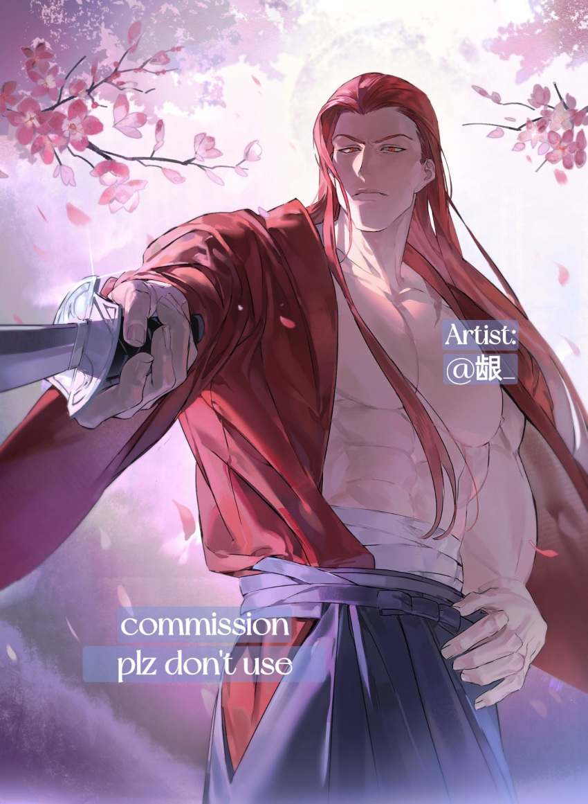 1boy, abs, alternate_hairstyle, an_ling_withered, artist_name, blue_hakama, cherry_blossoms, closed_mouth